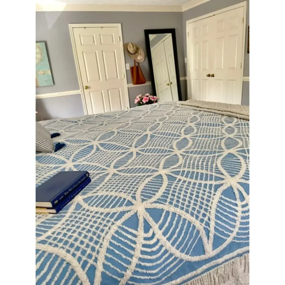 Vintage Blue White Chenille Bedspread 90x96 Full Queen Cottagecore Shabby Chic